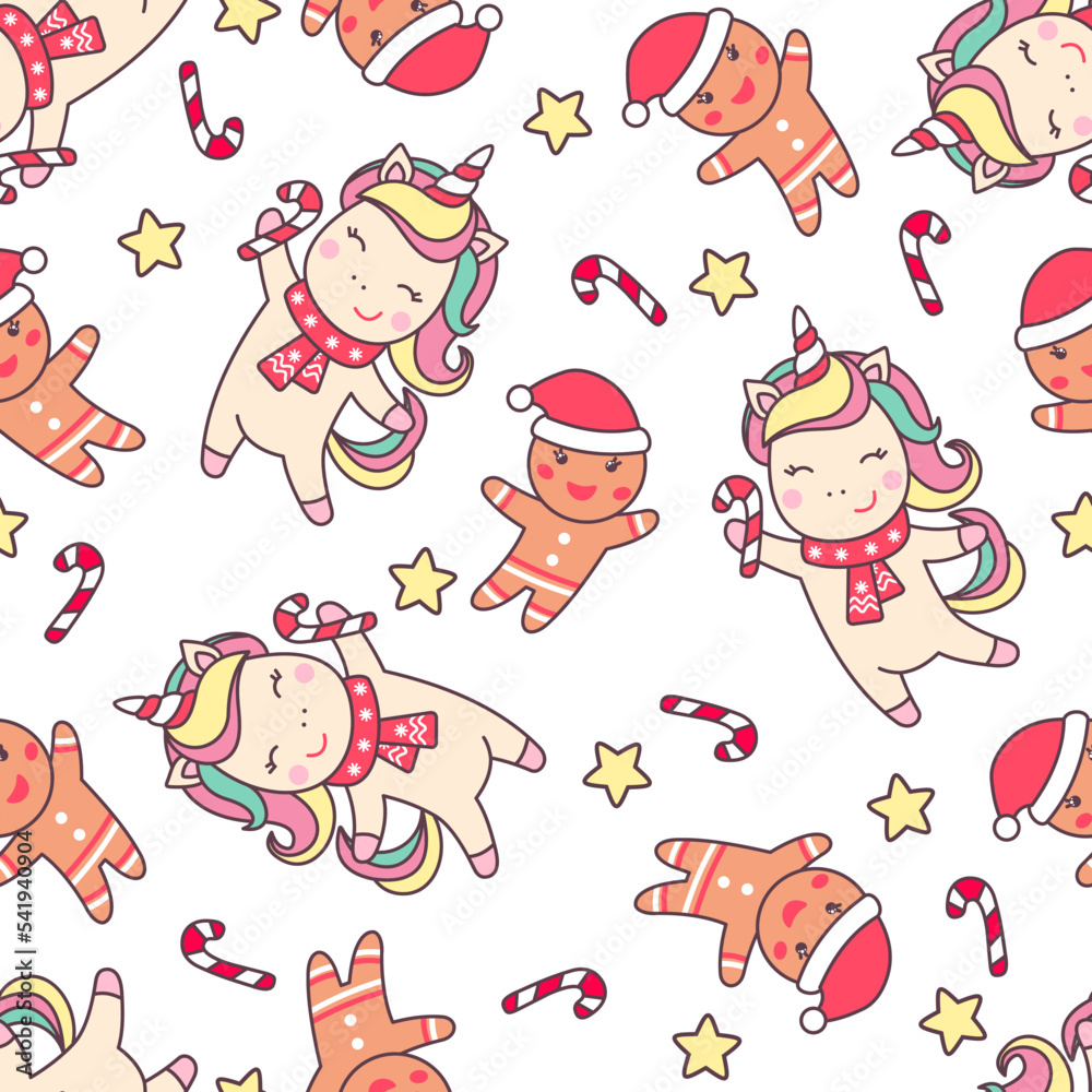 Christmas seamless pattern with cute unicorn, gingerbread man, candy cane and stars isolated on white background.