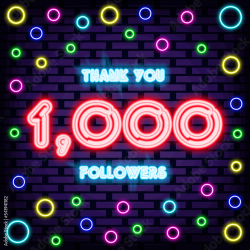 1000 Followers Thank you Badge in neon style. Neon script. Announcement neon signboard. Design element. Vector Illustration
