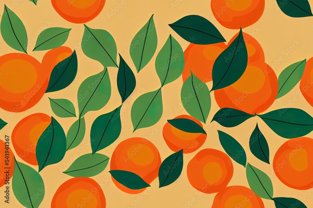 Seamless pattern with orange tangerines and green leaves. Gently orange background with dots. 2d illustrated illustration.