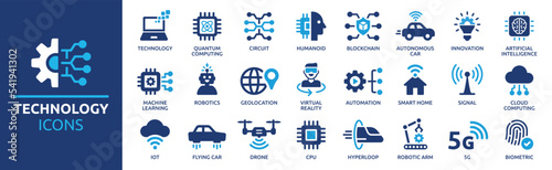Technology icon set. Containing 5g, ai, robotics, iot, biometric, geolocation, cloud computing and automation icon. Solid icon collection. photo