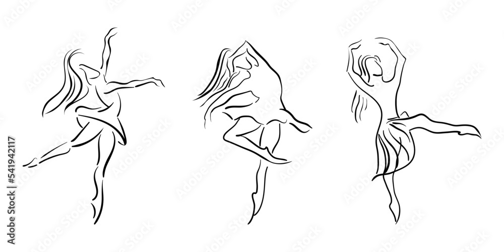 a set with a fashionable hand-drawn graphic sketch with a beautiful ballerina. Vector illustration