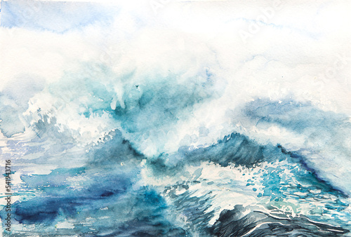Fototapeta Naklejka Na Ścianę i Meble -  Sea storm wave watercolor illustration seascape background