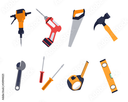 Building and repair tools icons, construction tools kit set - drill, hammer, screwdriver, saw, wrench, ruler. Flat illustration concept