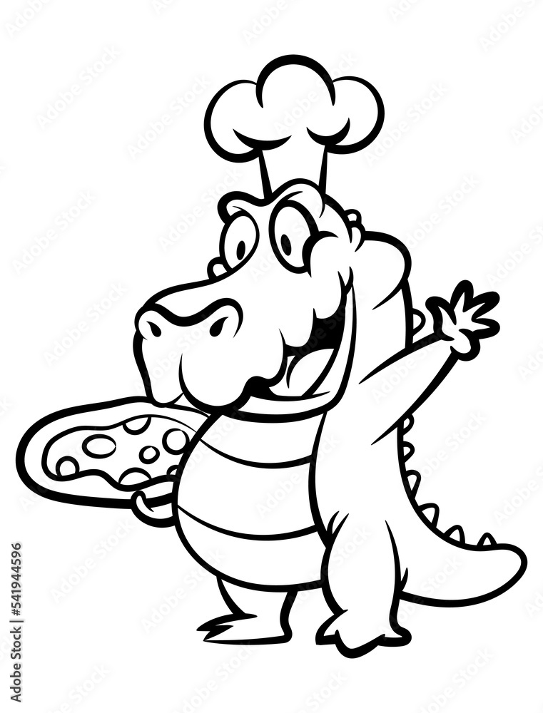 Fototapeta premium Cartoon illustration of Alligator wearing chef hat and delivering a box of pizza. Best for logo, outline, and coloring book with fast food restaurant themes for kids