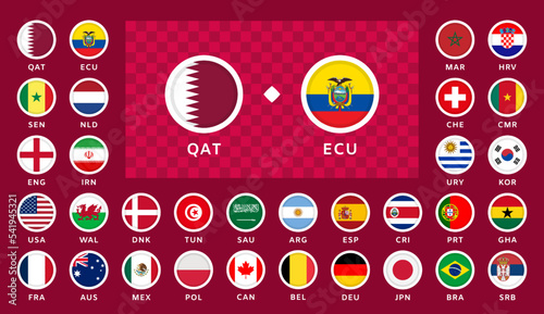 Versus between two Teams Template. Set of round Icons of National Flags. Football 2022. Soccer Competition. Championship Participation Infographics. Poster, Announcement, Game. Vector Illustration