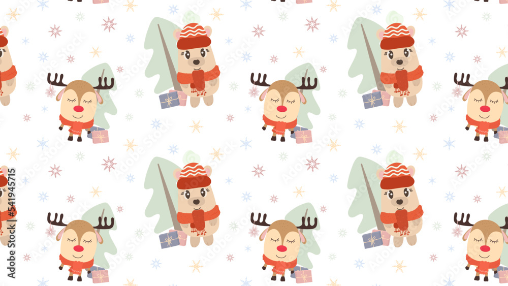 Cute seamless pattern with christmas deer and bear in hat and scarf