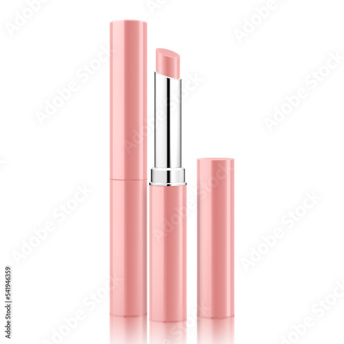 Lipstick tube template, vector mock-up. Nude lip balm, 3d realistic packaging, opened and closed with cap. Decorative cosmetic product. Vector illustration isolated on white background