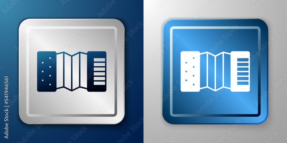 White Musical instrument accordion icon isolated on blue and grey background. Classical bayan, harmonic. Silver and blue square button. Vector White Musical instrument accordion icon isolated on blue and grey background. Classical bayan, harmonic. Silver and blue square button. Vector