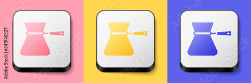 Isometric Coffee turk icon isolated on pink, yellow and blue background. Coffee cezve. Square button. Vector