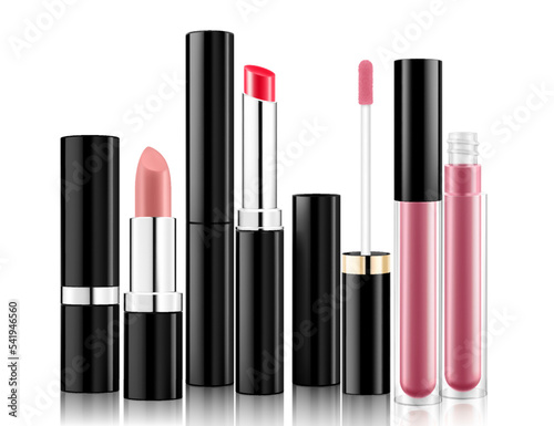 Set of lipsticks , lip balms and glosses mockup, isolated on white background. Lipsticks in trendy shades for your design, 3d realistic vector packaging illustration. Blank template of containers.