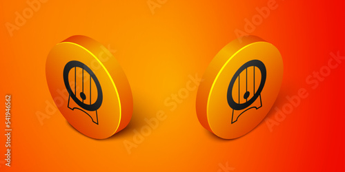 Isometric Wooden barrel on rack with stopcock icon isolated on orange background. Orange circle button. Vector
