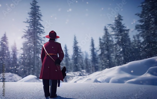 3D rendered computer generated image of a Canadian Mounted police office Mountie in the winter snow. Natural snowy landscape with 3D character using modern animation style to look like photorealism.  photo