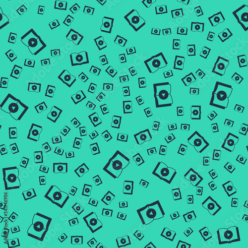 Black Audio book icon isolated seamless pattern on green background. Play button and book. Audio guide sign. Online learning concept. Vector