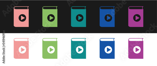 Set Audio book icon isolated on black and white background. Play button and book. Audio guide sign. Online learning concept. Vector