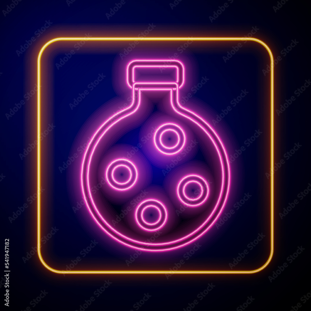 Glowing neon Bottle with potion icon isolated on black background. Flask with magic potion. Happy Halloween party. Vector Glowing neon Bottle with potion icon isolated on black background. Flask with magic potion. Happy Halloween party. Vector