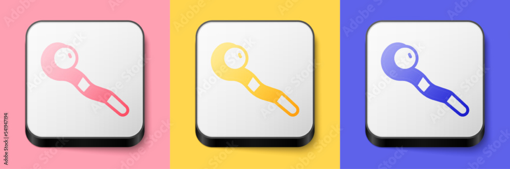 Isometric Magic staff icon isolated on pink, yellow and blue background. Magic wand, scepter, stick, rod. Square button. Vector