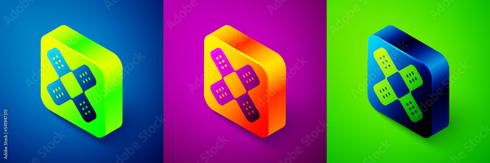 Isometric Crossed bandage plaster icon isolated on blue, purple and green background. Medical plaster, adhesive bandage, flexible fabric bandage. Square button. Vector Isometric Crossed bandage plaster icon isolated on blue, purple and green background. Medical plaster, adhesive bandage, flexible fabric bandage. Square button. Vector