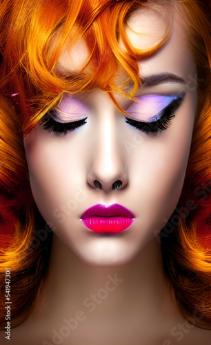 Portrait of a girl with creative makeup and hairstyle. Illustration. Created with the help of artificial intelligence