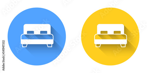 White Big bed for two or one person icon isolated with long shadow background. Circle button. Vector