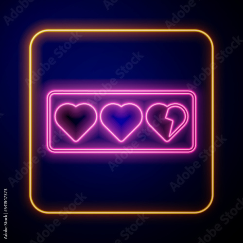 Glowing neon Game life bar icon isolated on black background. Health heart bar. Vector