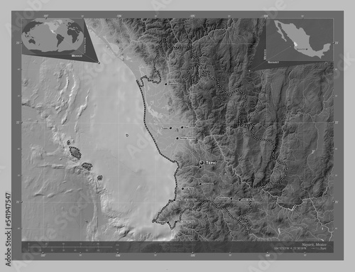 Nayarit, Mexico. Grayscale. Labelled points of cities photo