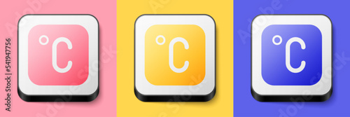 Isometric Celsius icon isolated on pink, yellow and blue background. Square button. Vector