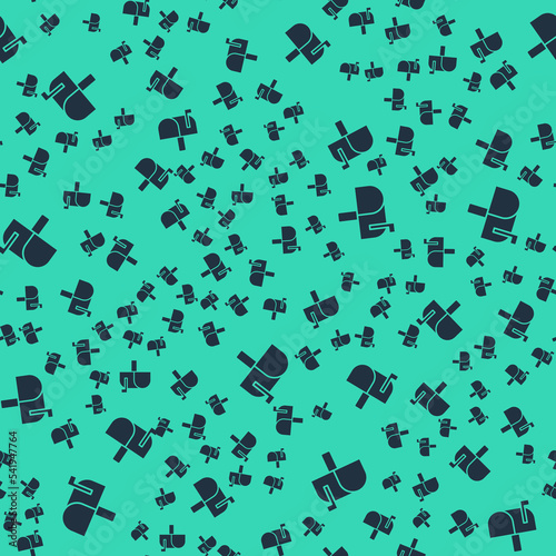 Black Mail box icon isolated seamless pattern on green background. Mailbox icon. Mail postbox on pole with flag. Vector