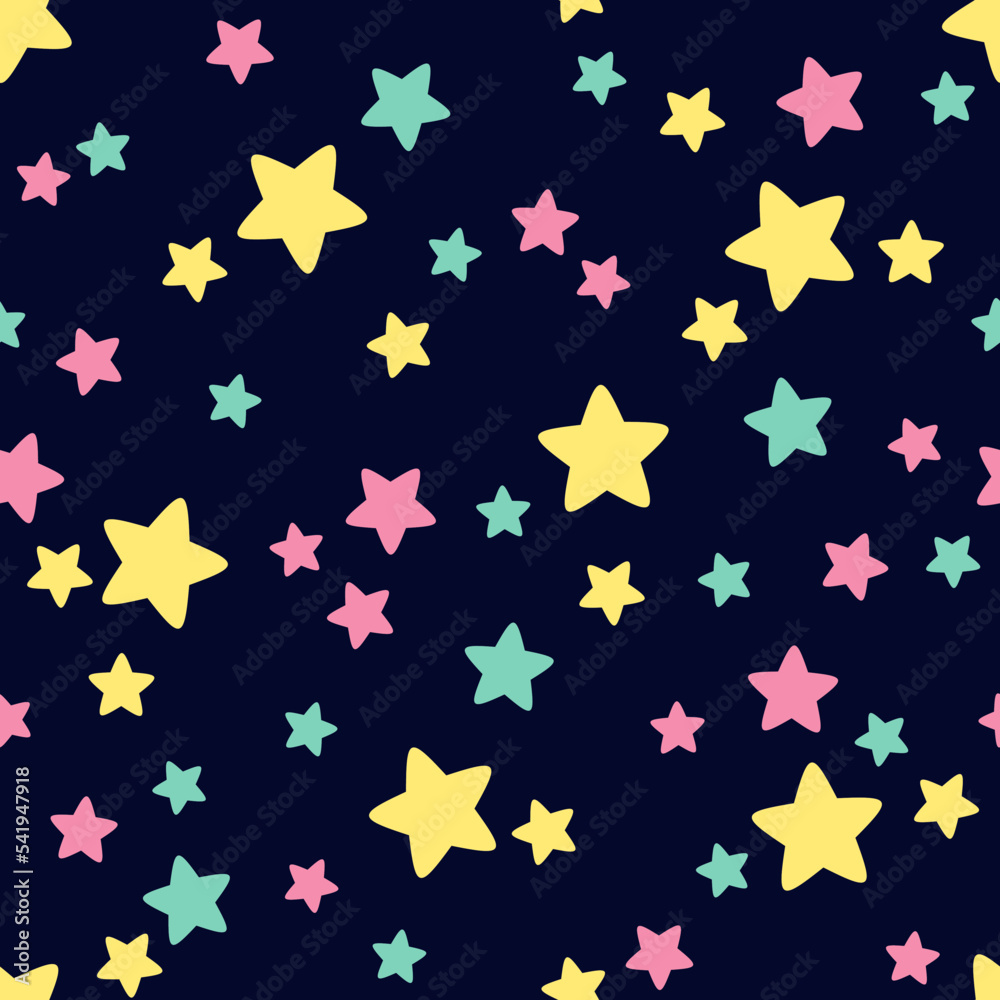 Seamless pattern with colorful stars on dark blue background. Seamless pattern with colorful stars on dark blue background.