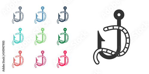 Black Fishing hook and worm icon isolated on white background. Fishing tackle. Set icons colorful. Vector