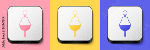 Isometric Fishing float icon isolated on pink, yellow and blue background. Fishing tackle. Square button. Vector