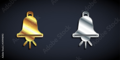 Gold and silver Ringing alarm bell icon isolated on black background. Fire alarm system. Service bell, handbell sign, notification symbol. Long shadow style. Vector