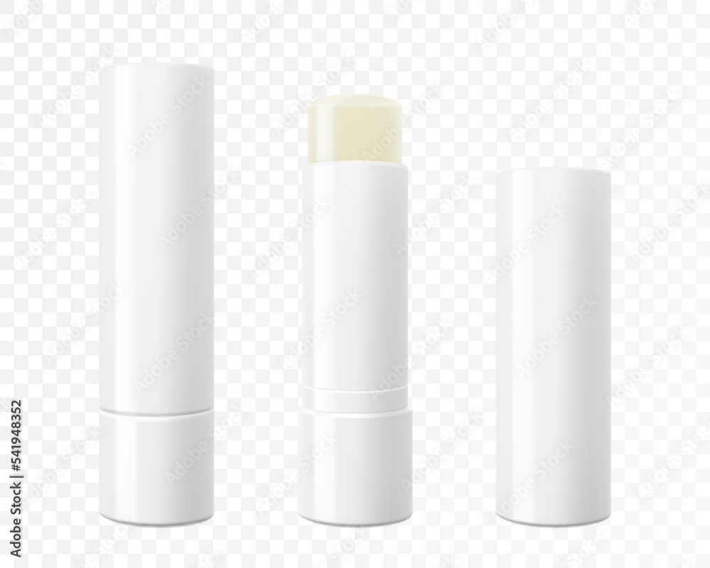 Tube of lip balm stick, hygienic lipstick packaging set, isolated Vector Mockup. Open and closed container. Template for Graphics, Cosmetic, Makeup Concept. Realistic 3d vector illustration - obrazy, fototapety, plakaty 