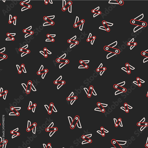 Line Swiss army knife icon isolated seamless pattern on black background. Multi-tool, multipurpose penknife. Multifunctional tool. Vector