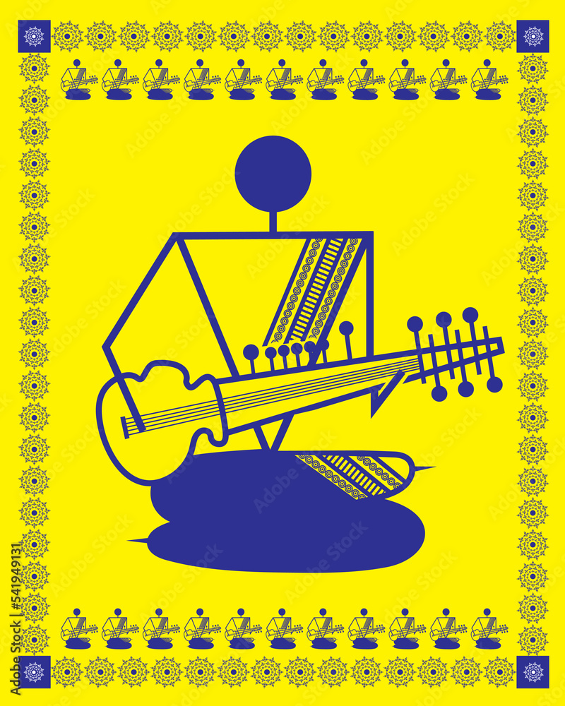 Indian Sarod musician warli painting, art, illustration, vector