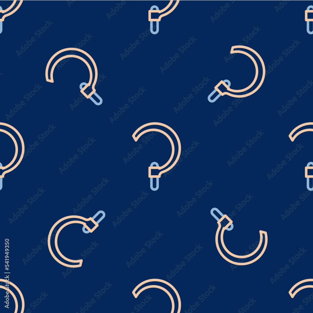 Obraz premium Line Sickle icon isolated seamless pattern on blue background. Reaping hook sign. Vector