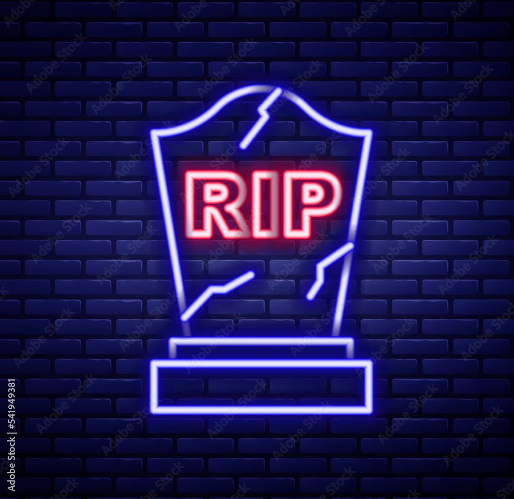 Glowing neon line Tombstone with RIP written on it icon isolated on brick wall background. Grave icon. Happy Halloween party. Colorful outline concept. Vector Glowing neon line Tombstone with RIP written on it icon isolated on brick wall background. Grave icon. Happy Halloween party. Colorful outline concept. Vector