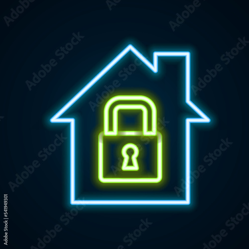 Glowing neon line House under protection icon isolated on black background. Home and lock. Protection, safety, security, protect, defense concept. Colorful outline concept. Vector