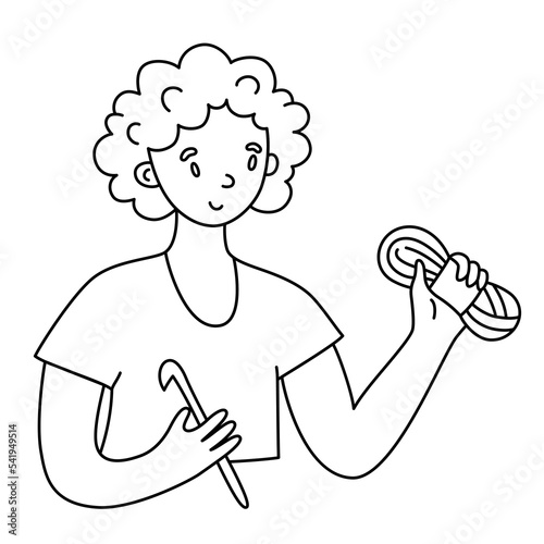 Woman holding yarn and crochet hook, crocheting doodle icons, needlework vector illustration, isolated outline clipart on white background