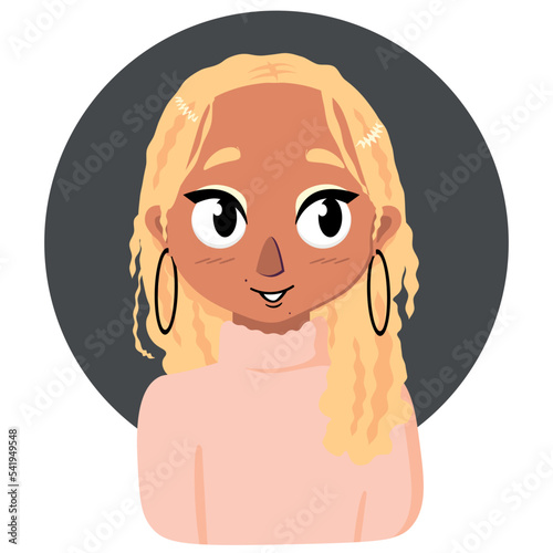 Vector illustration. Bright girl with white hair. Hairstyle. Girl avatar. Chat character.