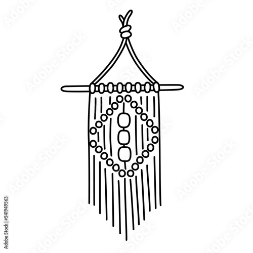 Macrame wall hanging, handmade home decor, doodle icon of macrame craft, thread and beads vector illustrations, handcraft concept, isolated outline clipart on white background