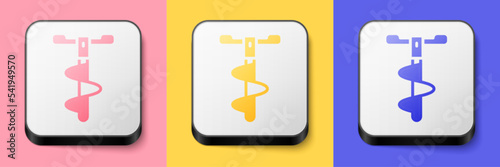 Isometric Hand ice drill for winter fishing icon isolated on pink, yellow and blue background. Square button. Vector