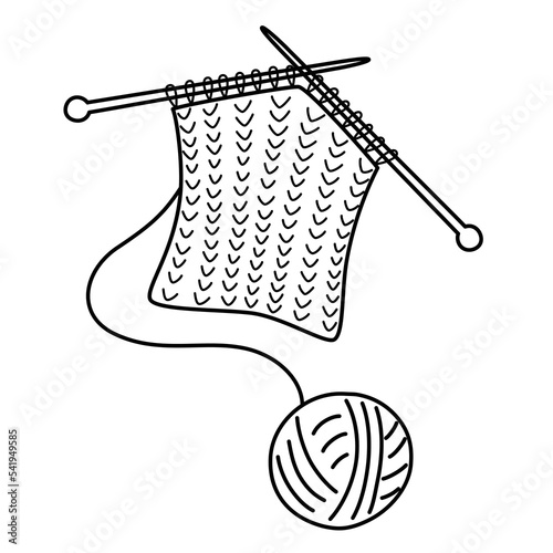 Knitting doodle icon, knitted piece of sweater with yarn ball, handmade clothes concept, vector illustrations of trendy needlework, isolated outline clipart on white background