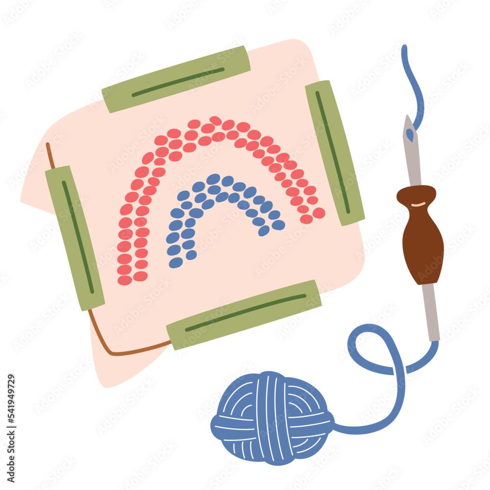Punch needle handicraft, trendy needlework illustration, vector icon of