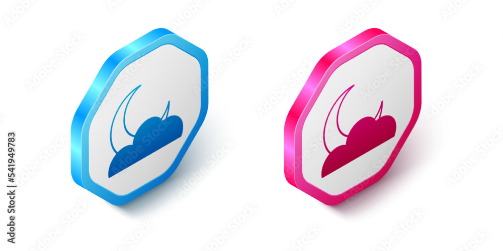 Isometric Moon and stars icon isolated on white background. Cloudy night sign. Sleep dreams symbol. Full moon. Night or bed time sign. Hexagon button. Vector Isometric Moon and stars icon isolated on white background. Cloudy night sign. Sleep dreams symbol. Full moon. Night or bed time sign. Hexagon button. Vector