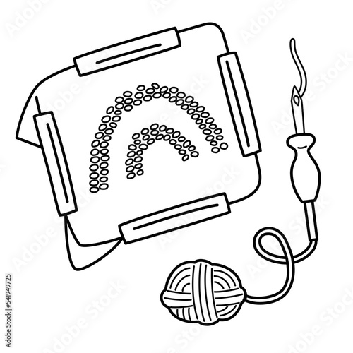 Punch needle supplies, trendy needlework concept, doodle icon of punch needle kit, vector illustration of cloth with rainbow embroidery, isolated outline clipart on white background