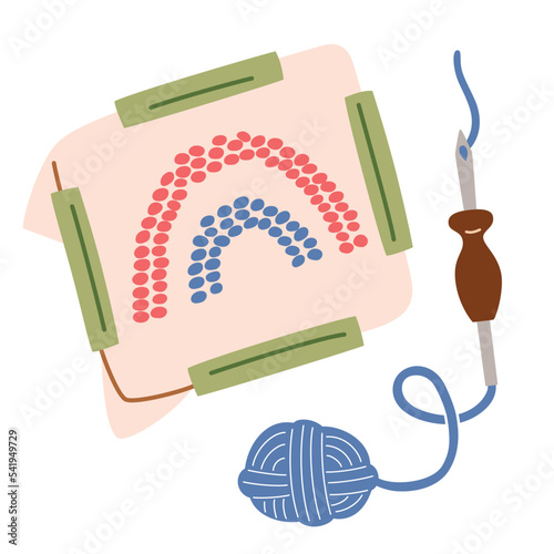 Punch needle handicraft, trendy needlework illustration, vector icon of punch needle kit, doodle cloth with rainbow embroidery, isolated colored clipart on white background
