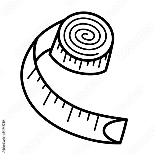 Sewing tape measure, doodle illustration of measuring tape, sewing and needlework supplies, body measurement vector icon, isolated outline clipart on white background