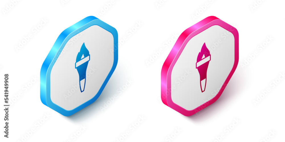 Isometric Torch flame icon isolated on white background. Symbol fire hot, flame power, flaming and heat. Hexagon button. Vector Isometric Torch flame icon isolated on white background. Symbol fire hot, flame power, flaming and heat. Hexagon button. Vector
