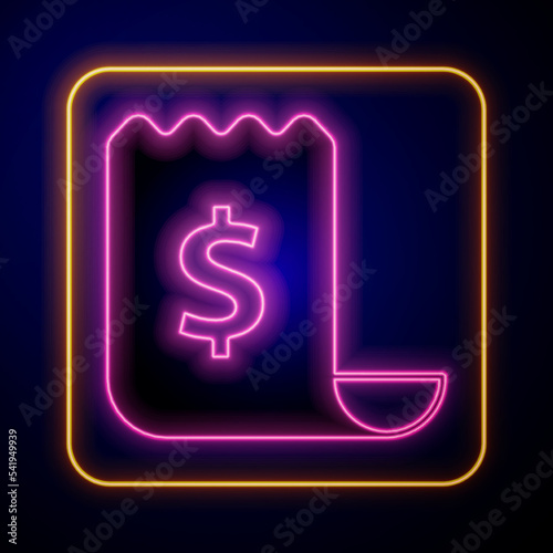 Glowing neon Paper check and financial check icon isolated on black background. Paper print check, shop receipt or bill. Vector