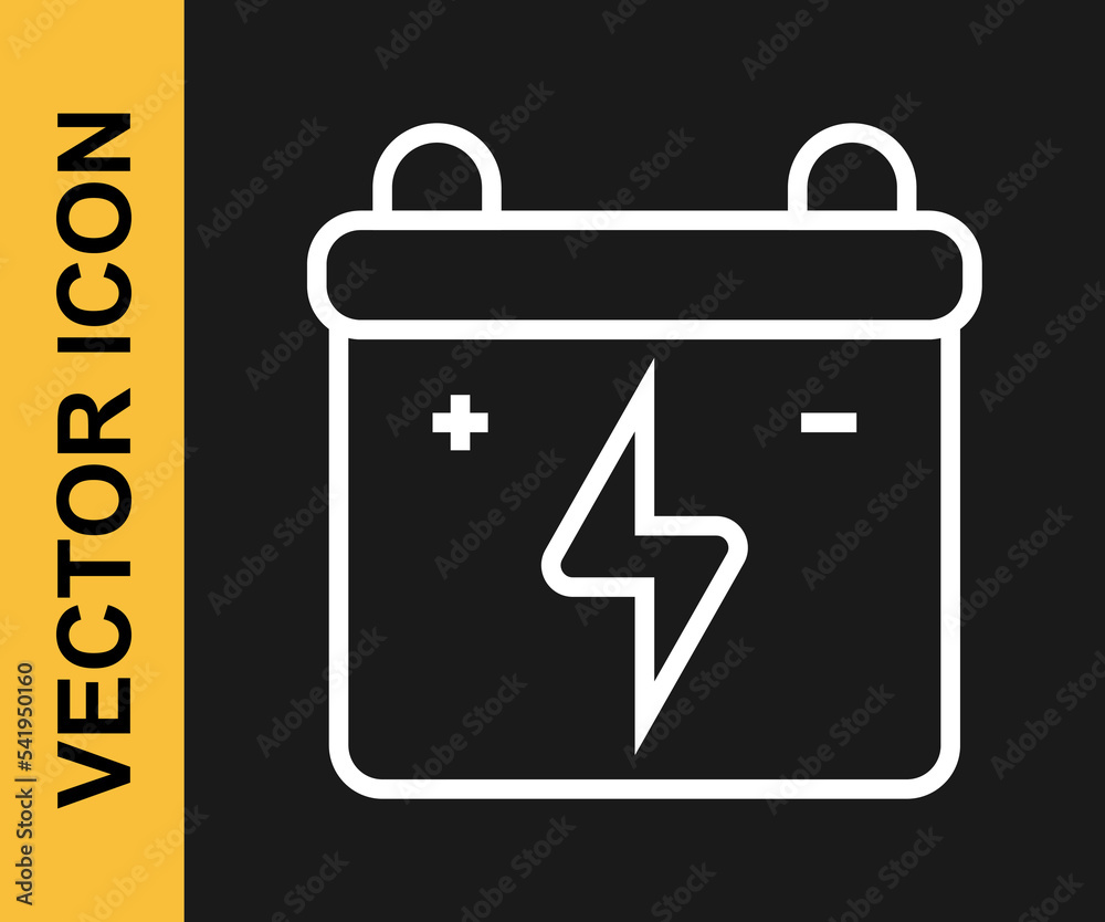 White line Car battery icon isolated on black background. Accumulator battery energy power and electricity accumulator battery. Vector White line Car battery icon isolated on black background. Accumulator battery energy power and electricity accumulator battery. Vector